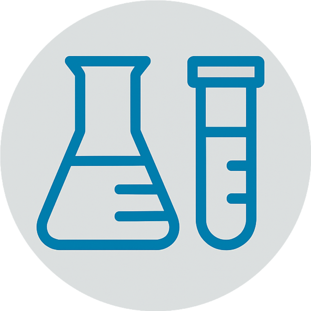 Icon of a laboratory flask and test tube in blue on a light background.