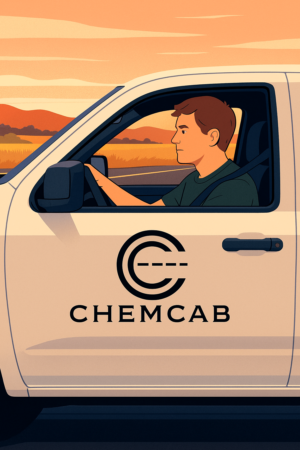 A man driving a white vehicle with the 'CHEMSCAB' logo on the door, against a sunset sky and rural landscape background.