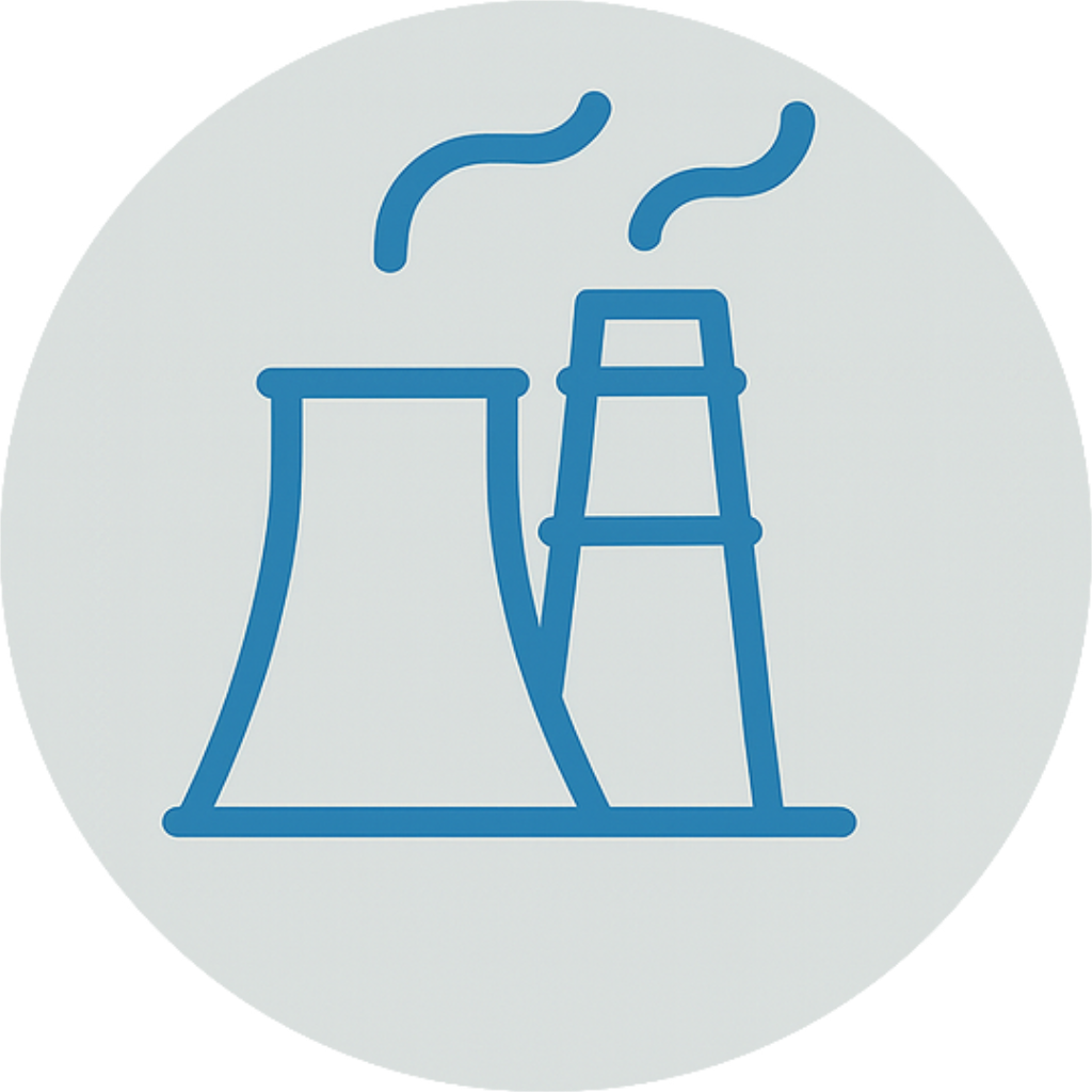 A blue line drawing of a factory with two smokestacks emitting smoke.