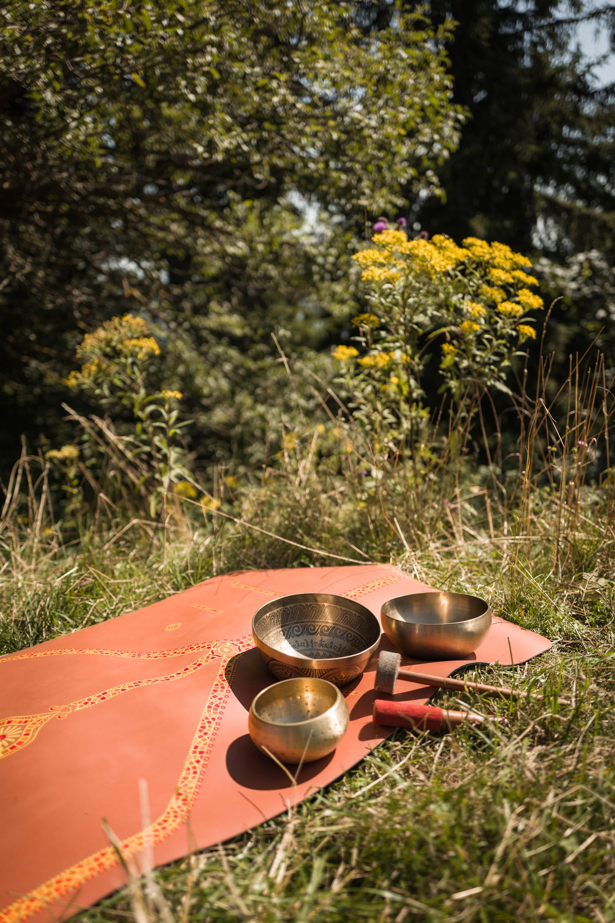 Meditationskissen und Klangschalen auf einer pinken Matte im Freien, umgeben von Gras und Blumen bei sonnigem Wetter.