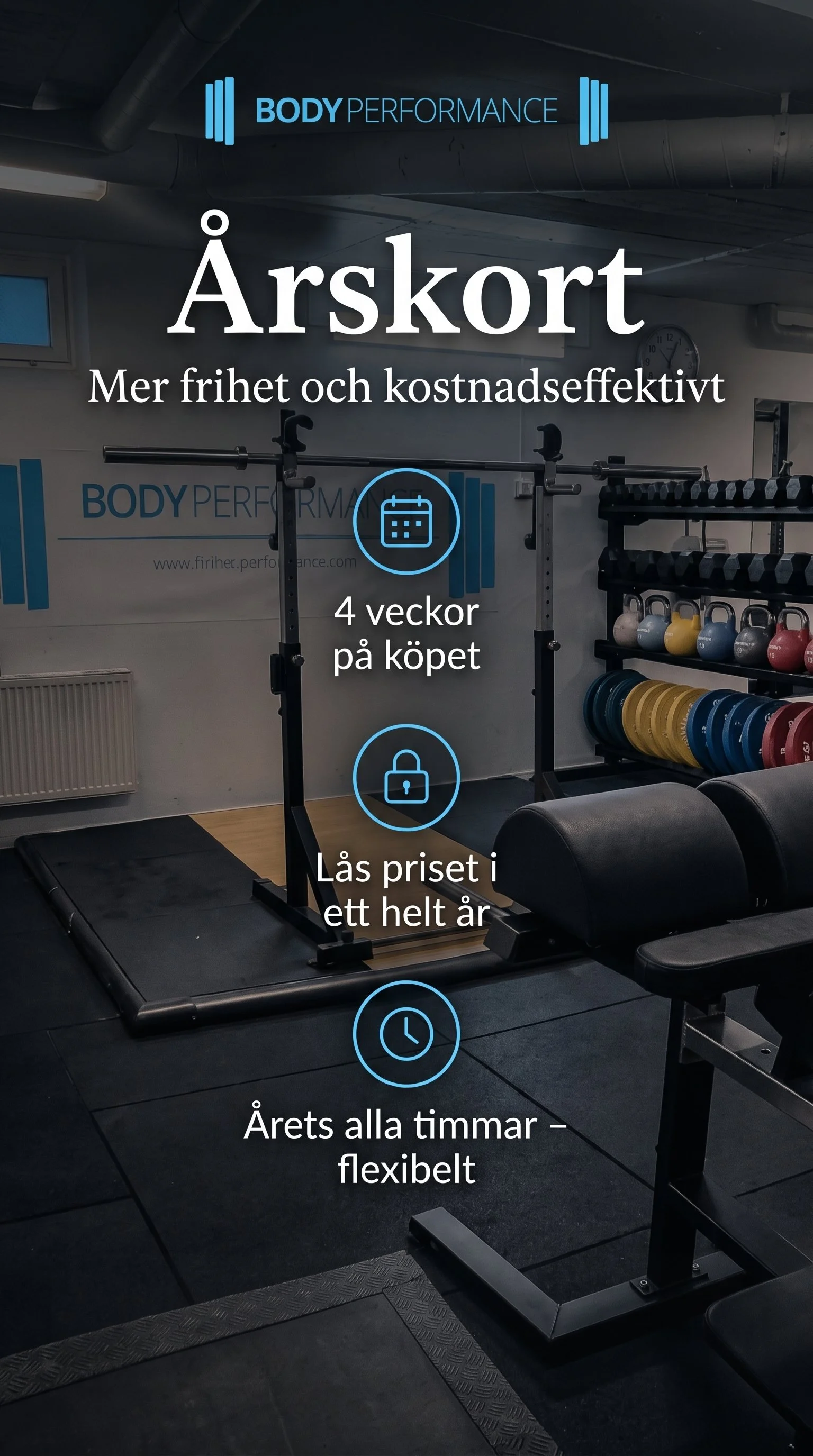 Träningslokal med viktutrustning och väggmålning med texten 'BODY PERFORMANCE', samt informationsikoner för 4 veckors köp, helt års låsning, och flexibelt schema.