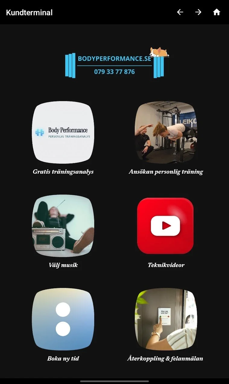 Skärm med ikoner och länkar för ett kundtjänstgränssnitt, inklusive text, bilder och knappar för träning, musik, videor, bokning och feedback.