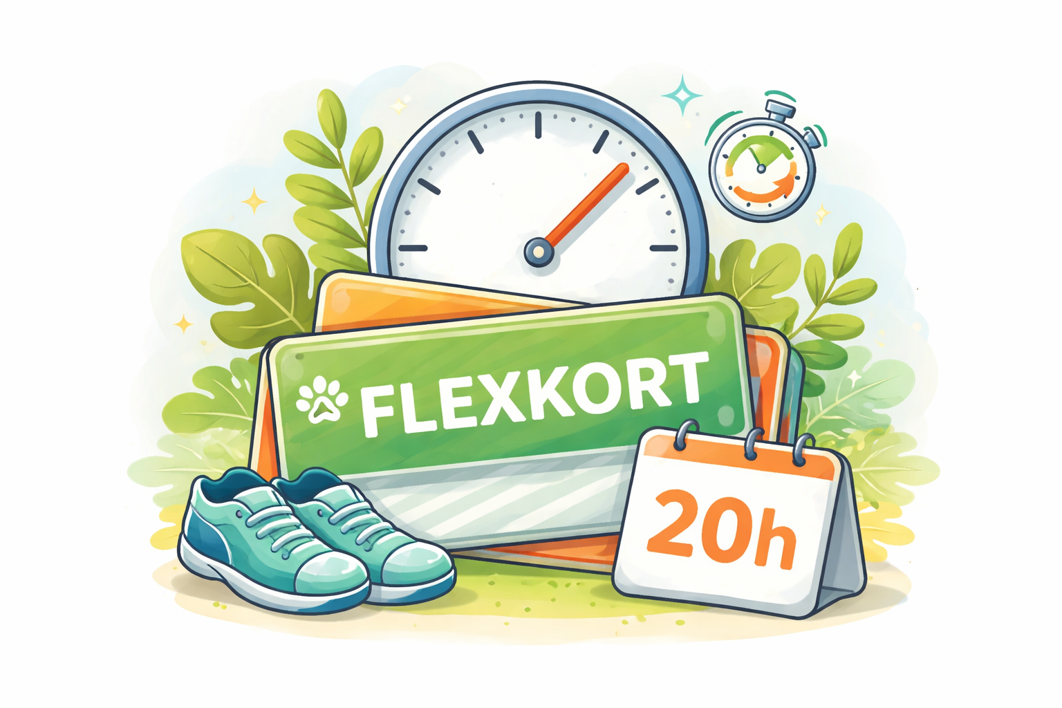 Grafik av ett hundfoderkort med texten 'Flexkort', ett par sneakers, en väggklocka, en timer, ett kalenderblad med '20h', och gröna löv i bakgrunden.