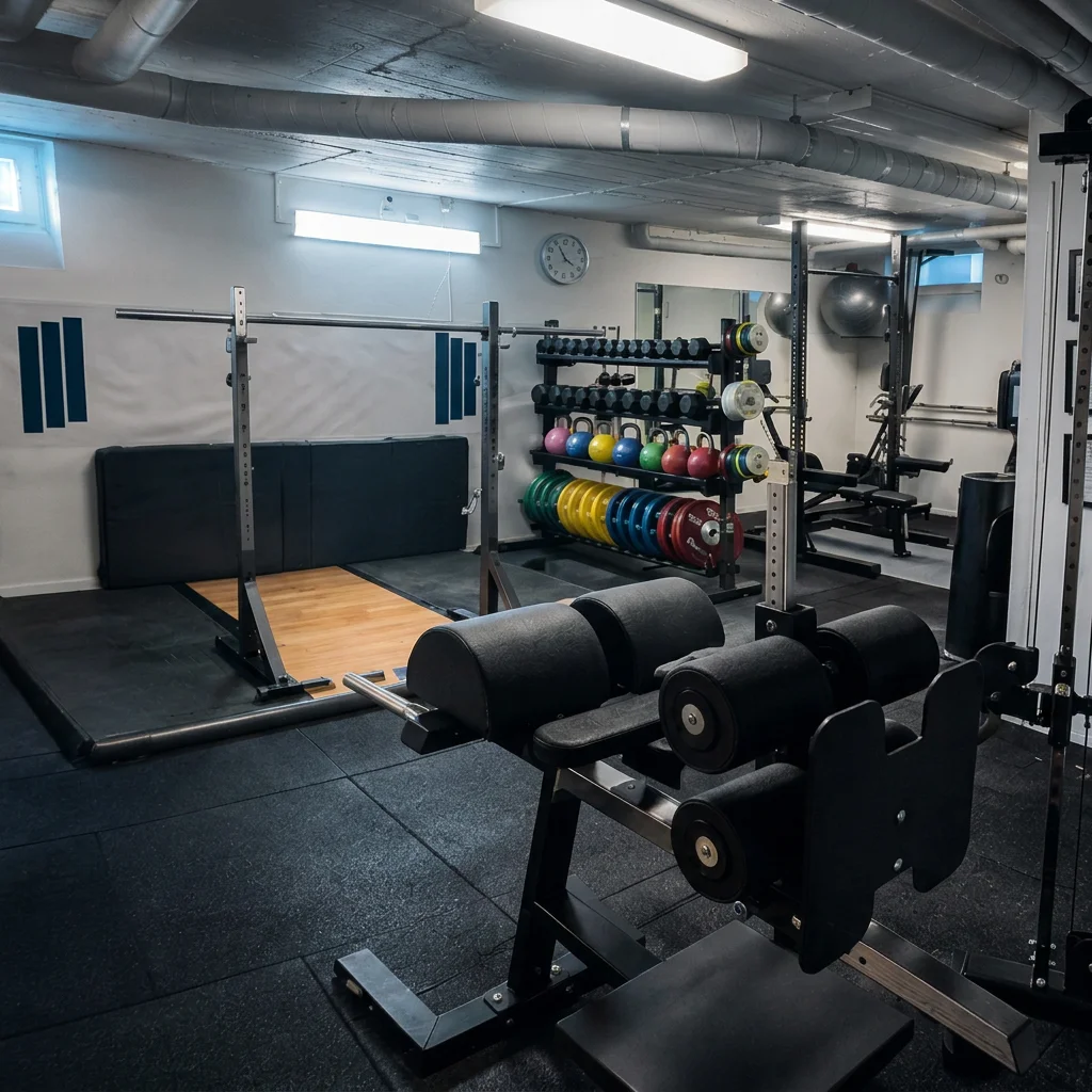 Ett gym med olika träningsmaskiner, vikter och bälten. Målade väggar, ett väggklocka och belysning. Golvet är täckt med gummimattor.