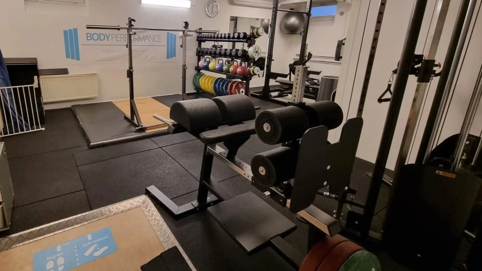 Ett gym med viktutrustning, dumbbells på hyllor, kettlebells i olika färger, en viktsläde, golvmatta, och en träningsstation med vikter.