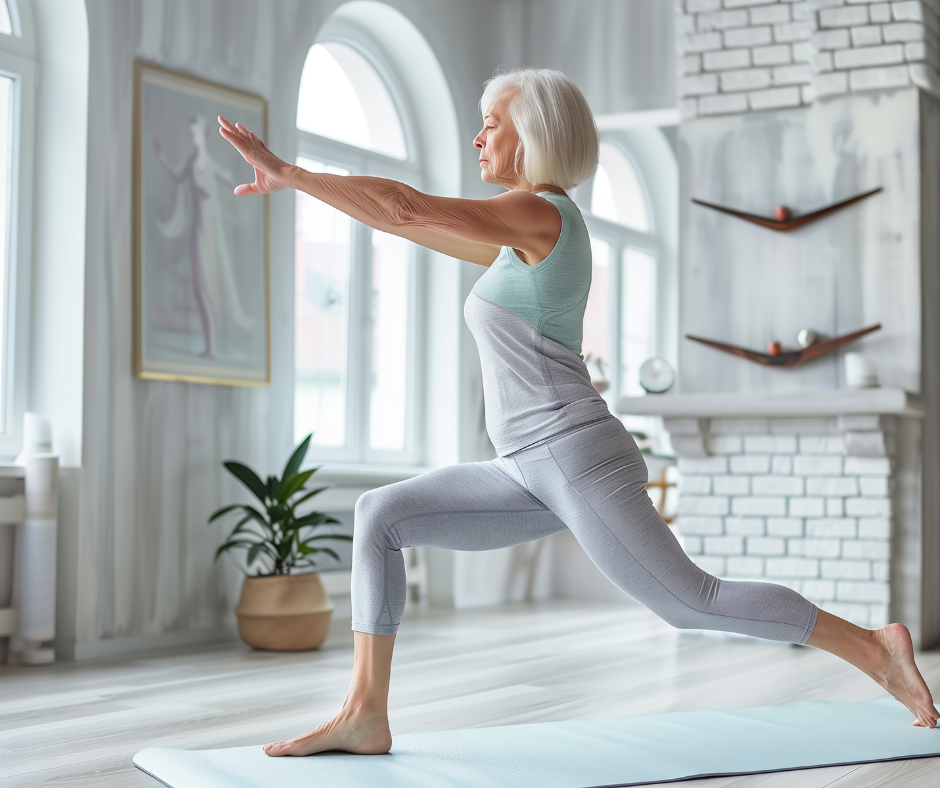 An elderly woman practicing yoga in a bright, modern living room.