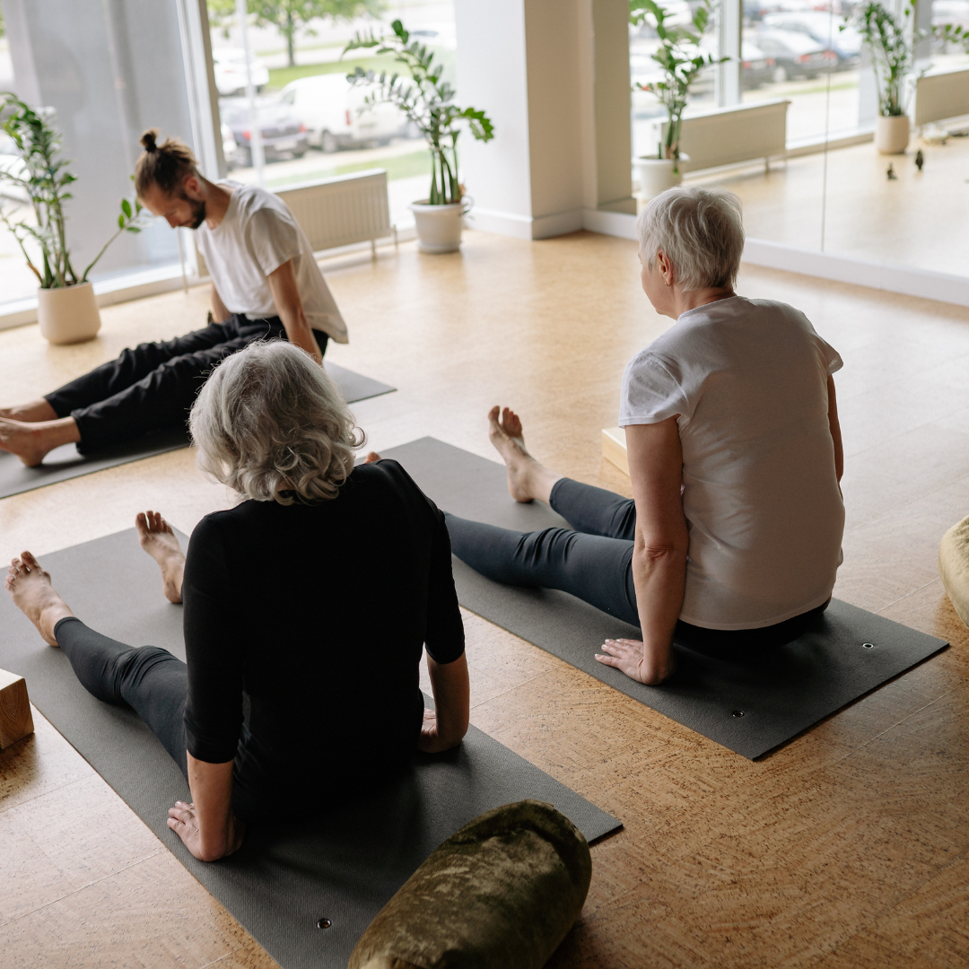 Three women participating in a yoga class in a bright studio with large windowed walls, plants, and a wooden floor, practicing seated stretches on yoga mats.