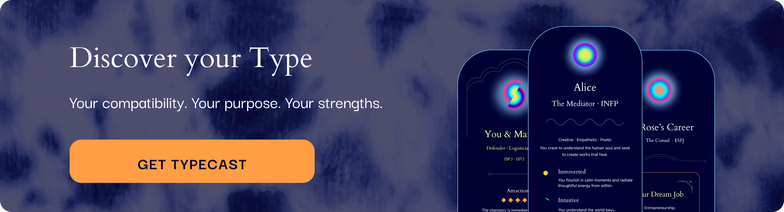 Typecast app screenshots showing personality type results, compatibility, and career insights