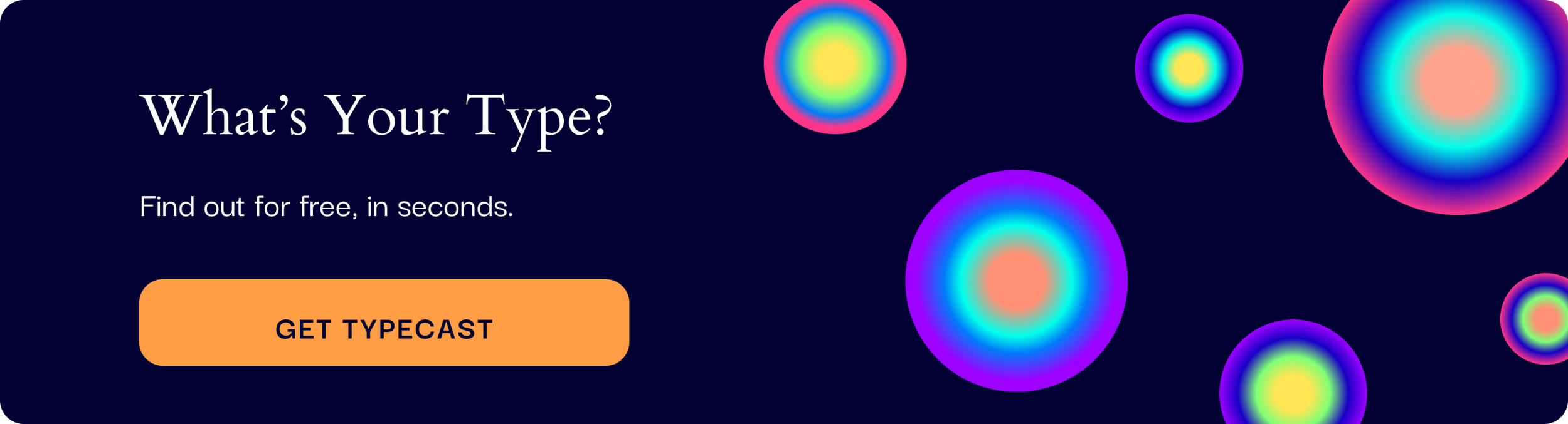 Typecast personality test app interface with colorful type orbs