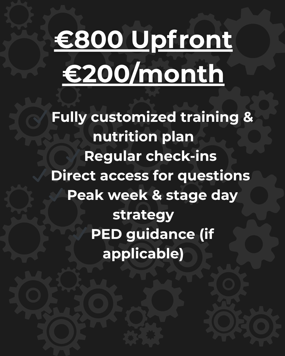 ✔️ Detailed 20-week prep plan (including training and nutrition) ✔️ PED strategy & ongoing management ✔️ Weekly check-ins with plan adjustments ✔️ Direct access for questions and feedback ✔️ Peak week & stage day strategy ✔️ Posing feedback (Onl