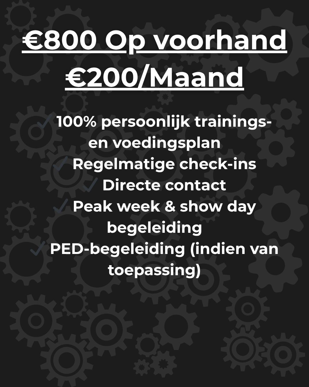 ✔️ 100% persoonlijk trainings- en voedingsplan ✔️ PED-begeleiding en veilige protocollen ✔️ Regelmatige check-ins ✔️ Directe contact ✔️ Peak week & show day begeleiding