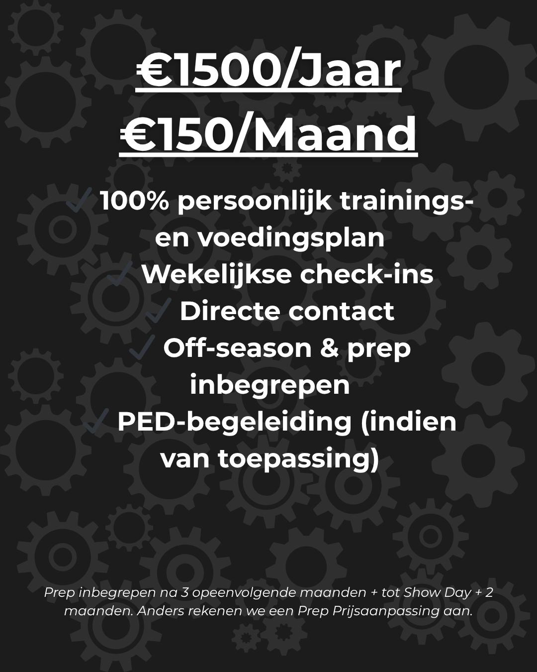 ✔️ 100% persoonlijk trainings- en voedingsplan ✔️ PED-begeleiding en veilige protocollen ✔️ Wekelijkse check-ins ✔️ Directe contact ✔️ Off-season & prep inbegrepen