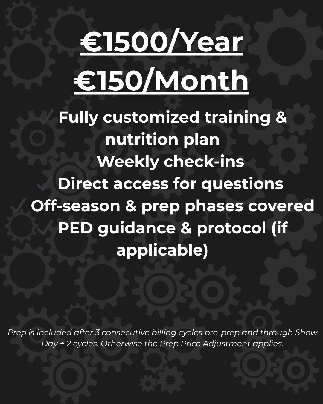 ✔️ Fully customized training & nutrition plan ✔️ PED guidance & protocol management ✔️ Weekly check-ins with plan adjustments ✔️ Direct access for questions and feedback ✔️ Off-season growth & improvement phases covered ✔️ Free prep coaching if
