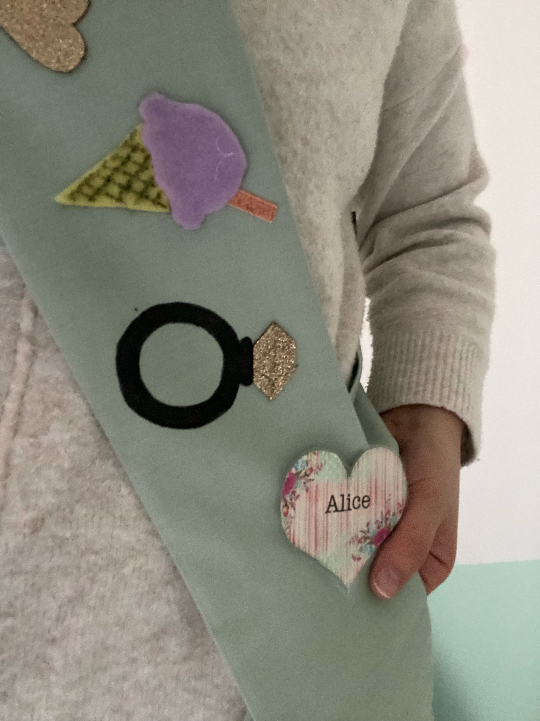 Place your badge on your sash where feels comfortable for your size/ fit  to wear.