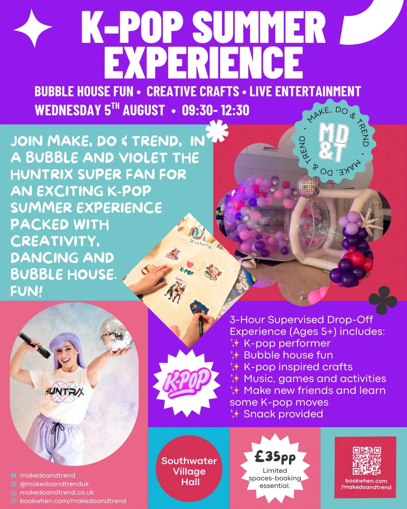 🎤✨K-POP SUMMER EXPERIENCE✨🎤

Calling all K-pop fans! 💜

Join me, @in_a_bubble_uk &amp; Violet The Huntrix Super Fan (brought to you by @chloesfairytaleprincesses)for an exciting morning packed with music, creativity and bubble house fun!

🎶 K-pop
