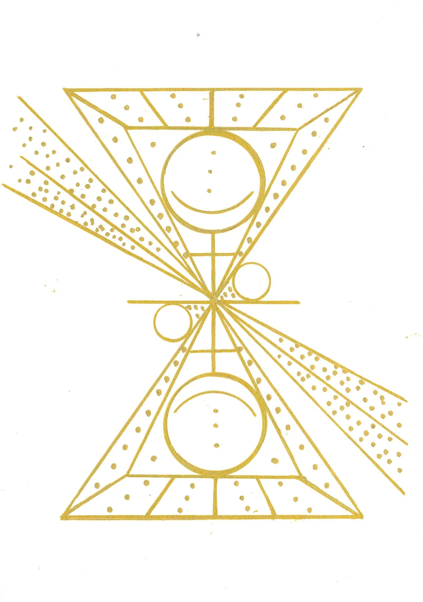 A geometric drawing featuring triangles, circles, lines, and dots in gold on a white background, creating an abstract symmetrical pattern.