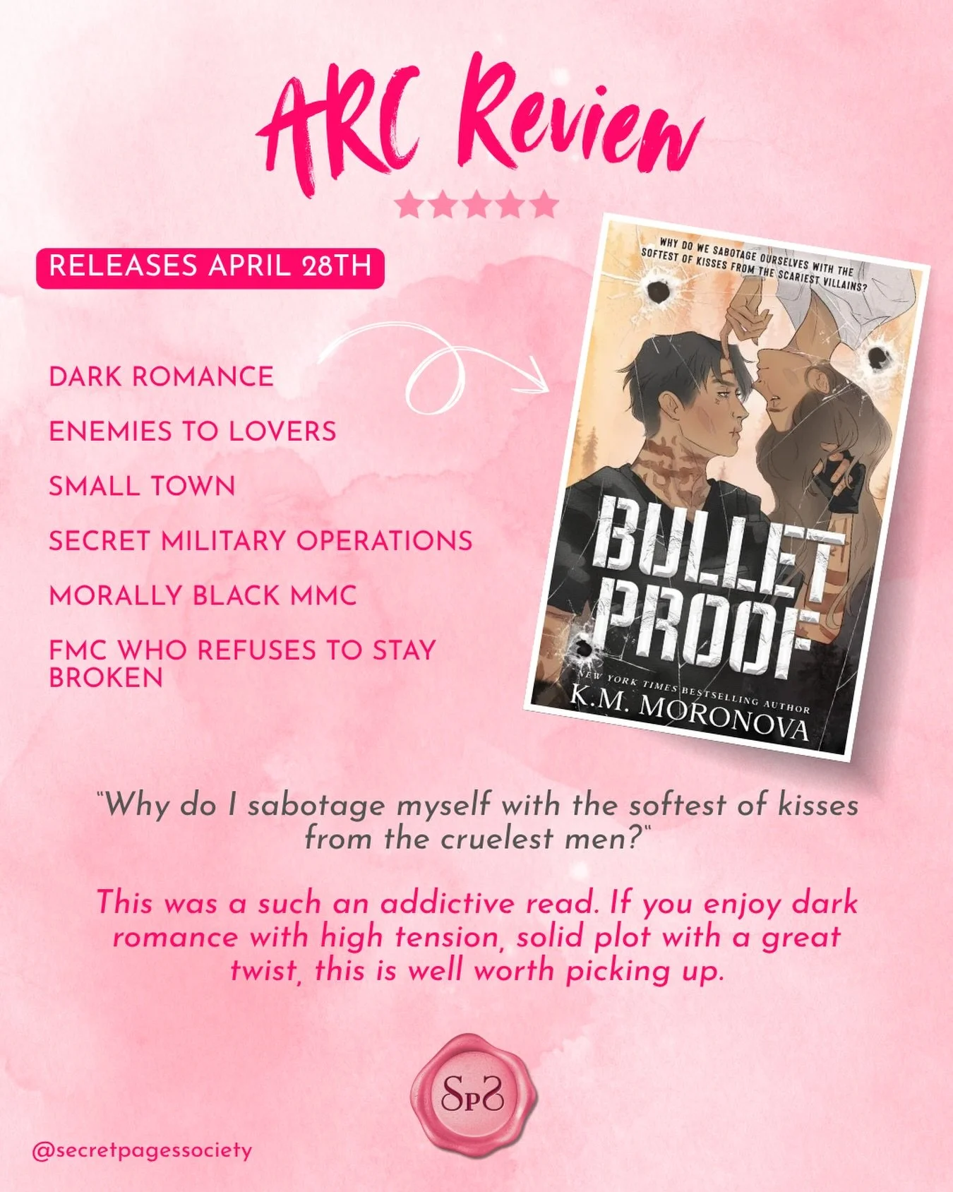 Just finished reading the ARC for Bulletproof by K.M. Moronova and I loved it!

If you&rsquo;ve read Leave Me Behind, Your Knife My Heart, or My Blade Your Back, you already know how brutal the dark forces world is.

After discovering the Dark Forces