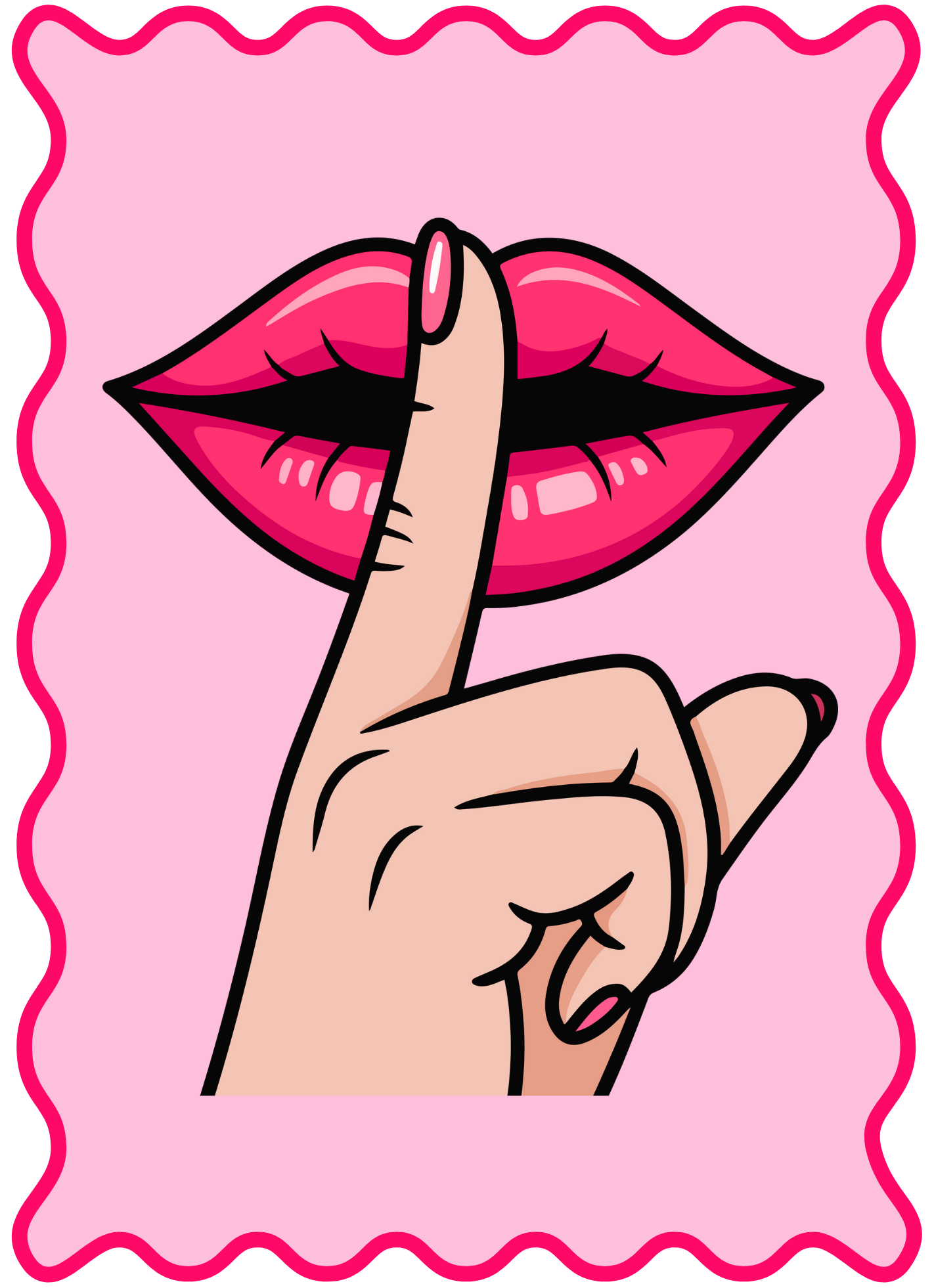 A cartoon image of a hand with a finger held up to lips in a shushing gesture, with lips and lipstick color prominently displayed against a pink background.