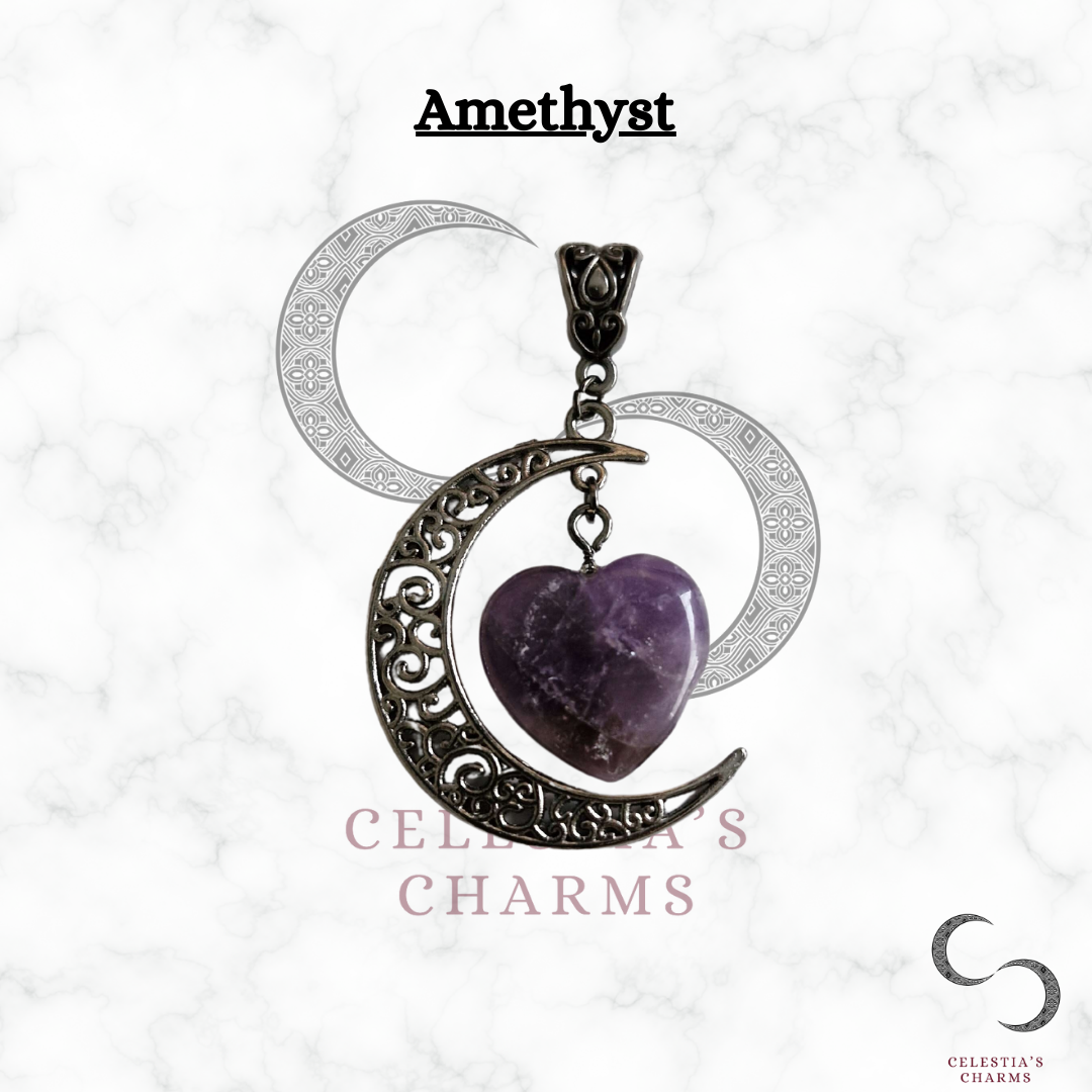 Amethyst Gunmetal Crescent Crystal Pendant | Celestia's Charms