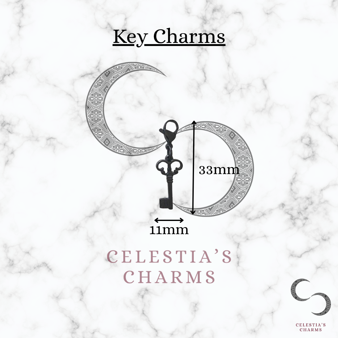 Black Stainless Steel Key Charms with Measurements | Celestia's Charms