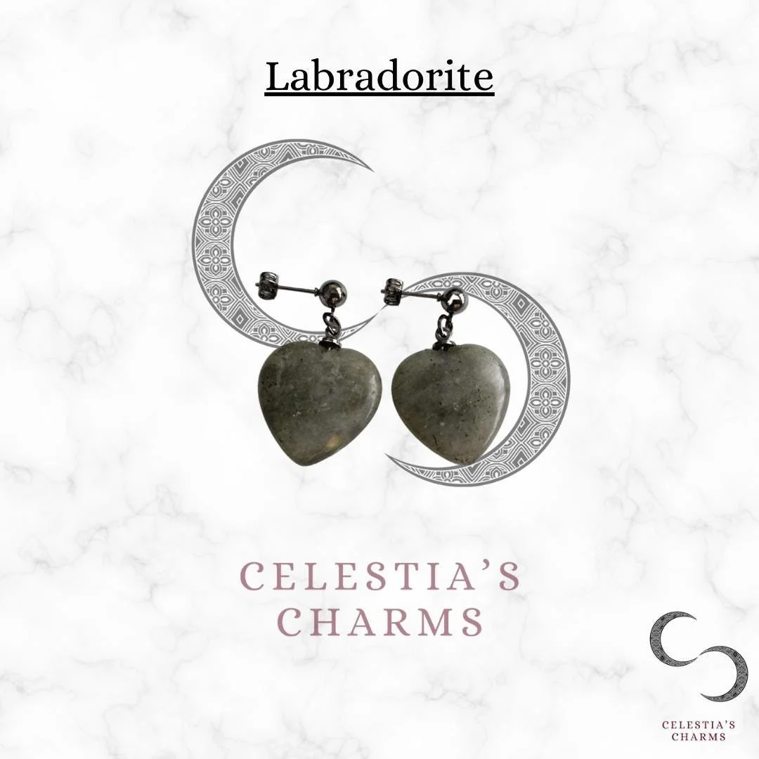 Labradorite Heart Crystal Drop Earrings | Celestia's Charms