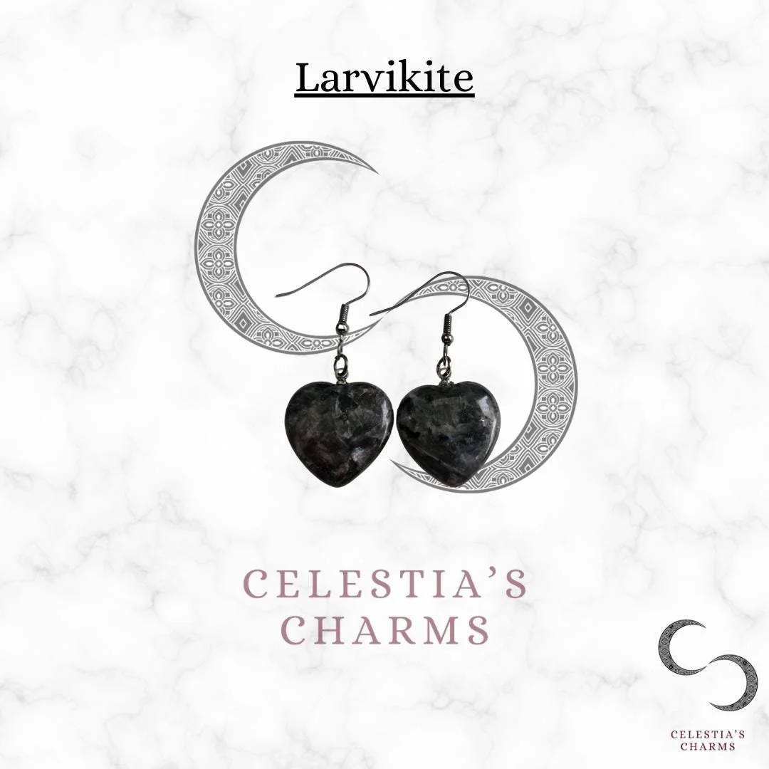 Larvikite Heart Crystal Drop Earrings | Celestia's Charms