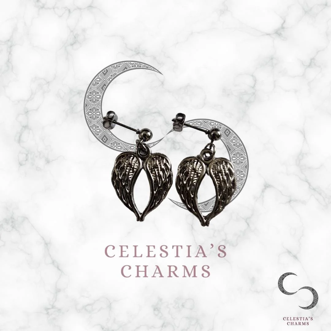 Gunmetal Angel Wing Earrings With Butterfly Back | Celestia's Charms