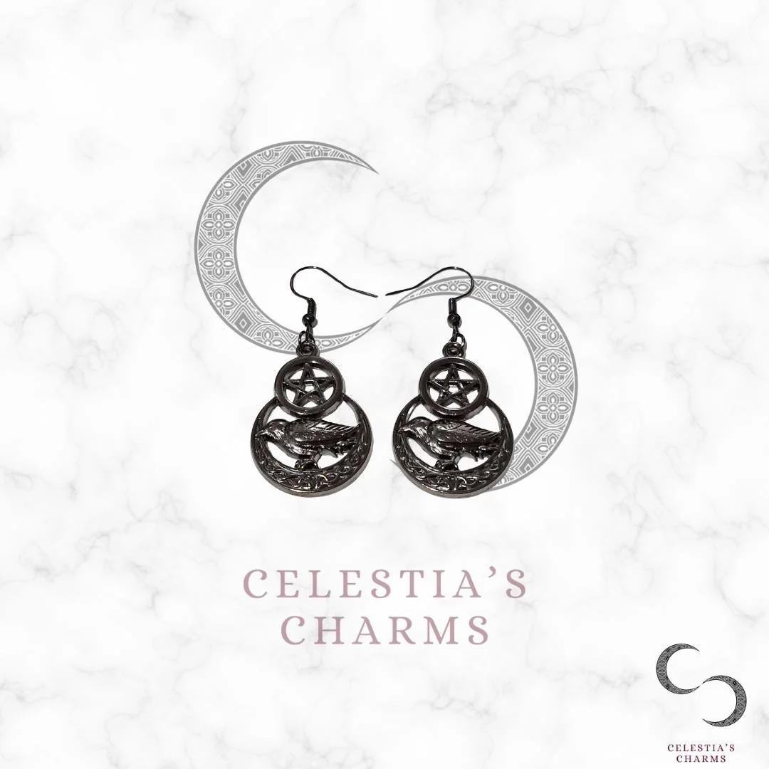 Crow Pentagram Earrings with Hooks | Celestia's Charms