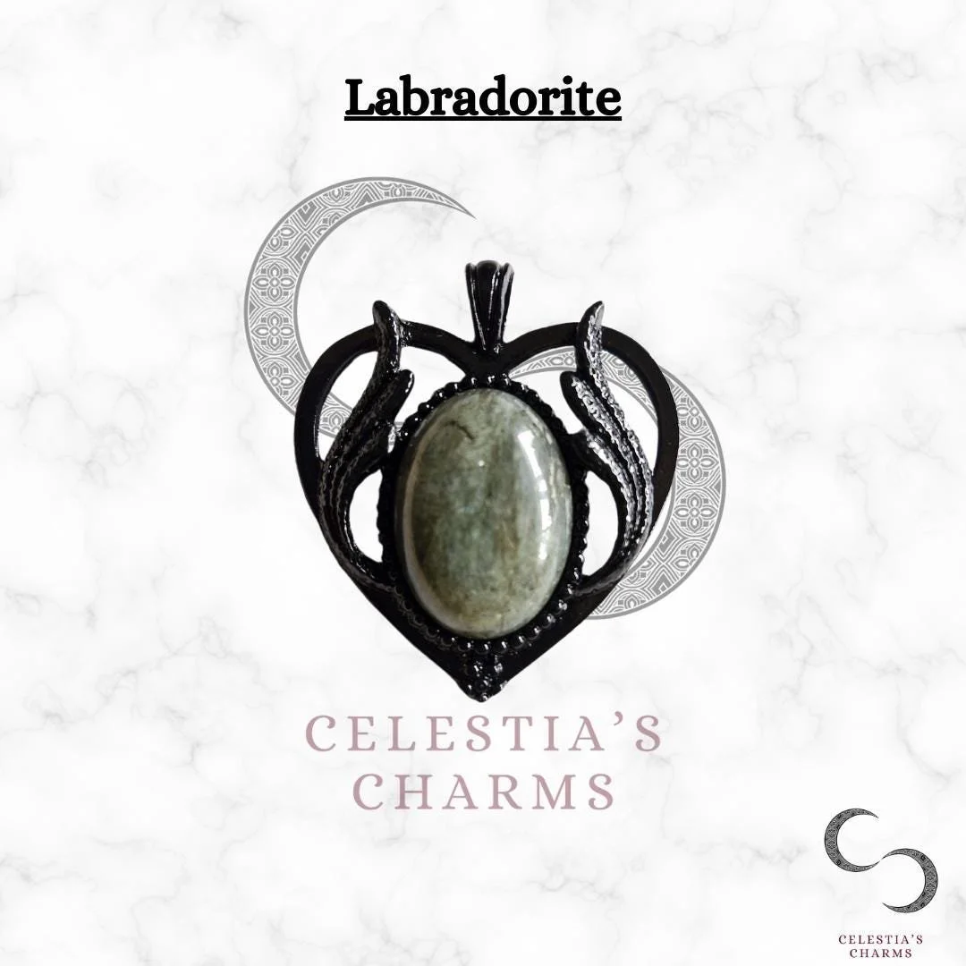 Labradorite Gothic Heart Winged Crystal Pendant | Celestia's Charms