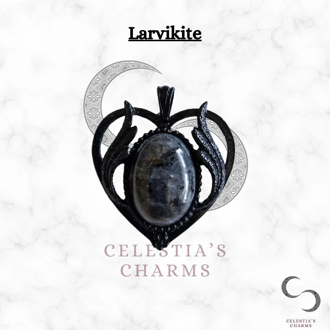 Larvikite Gothic Heart Winged Crystal Pendant | Celestia's Charms
