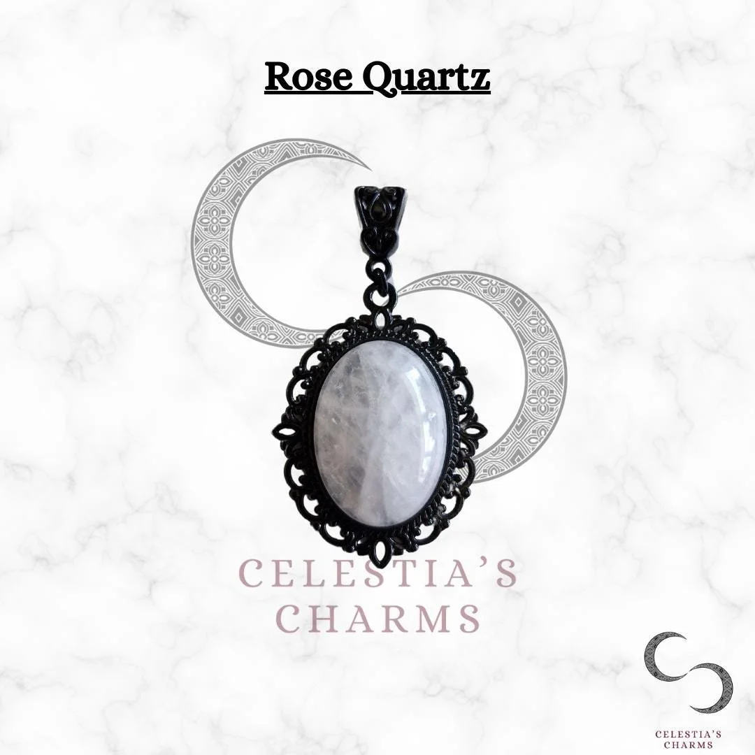 Nocturne Rose Quartz Black Antique Style Crystal Pendant | Celestia's Charms