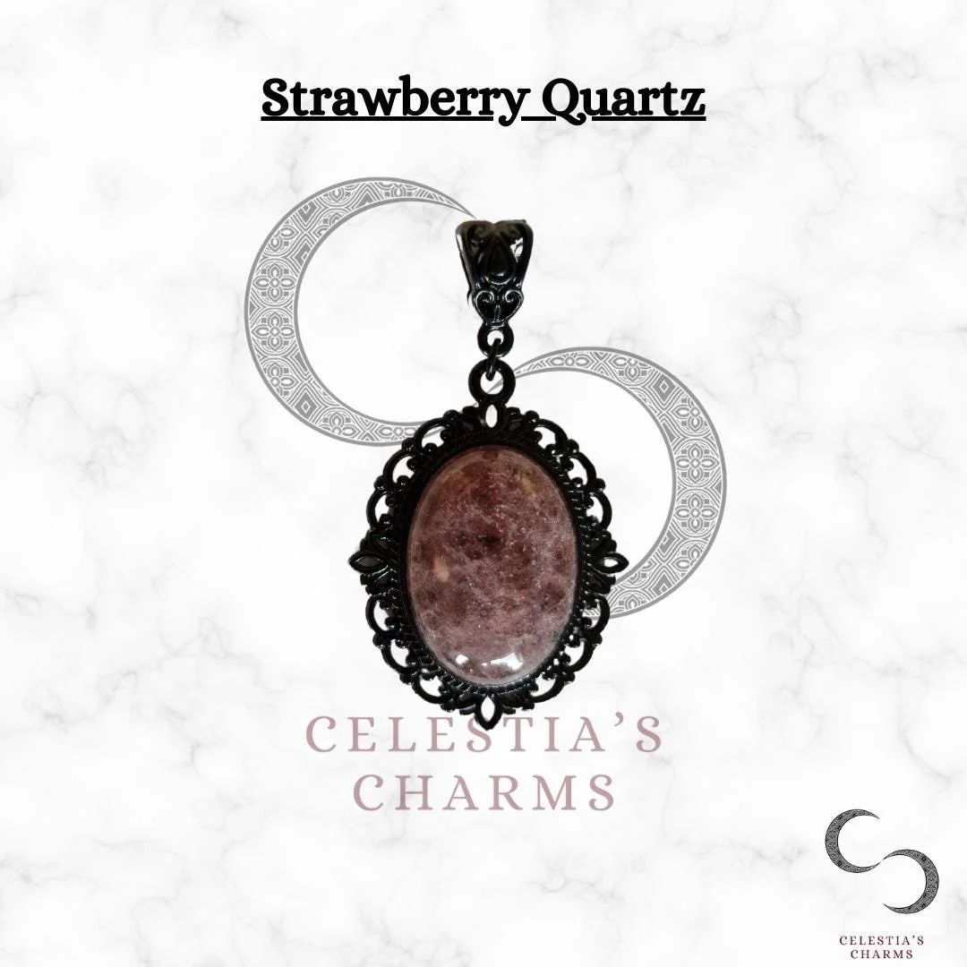 Nocturne Strawberry Quartz Black Antique Style Crystal Pendant | Celestia's Charms