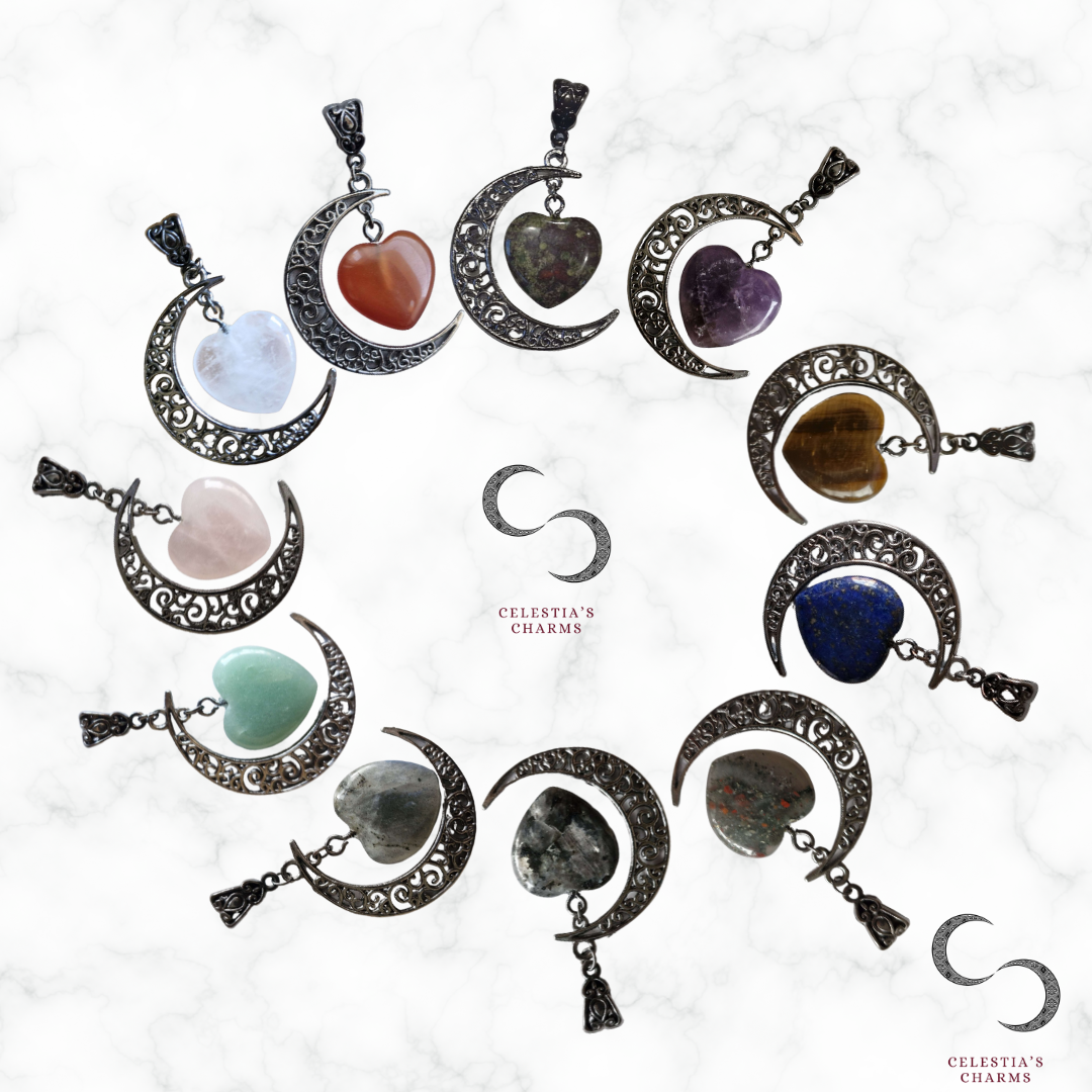 Gun Black Filigree Crescent Crystal Pendant | Celestia's Charms