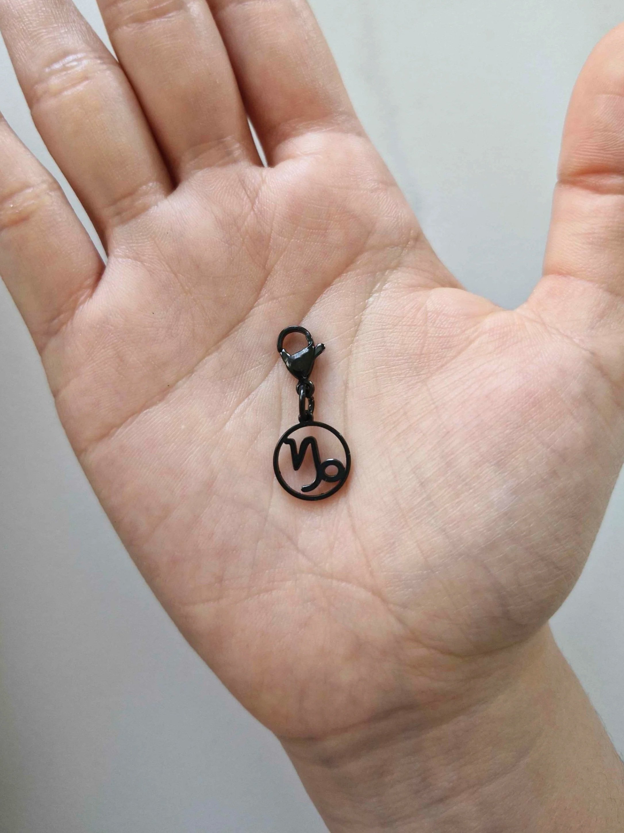 Black stainless-steel zodiac charm resting on a hand to show scale | Celestia’s Charms