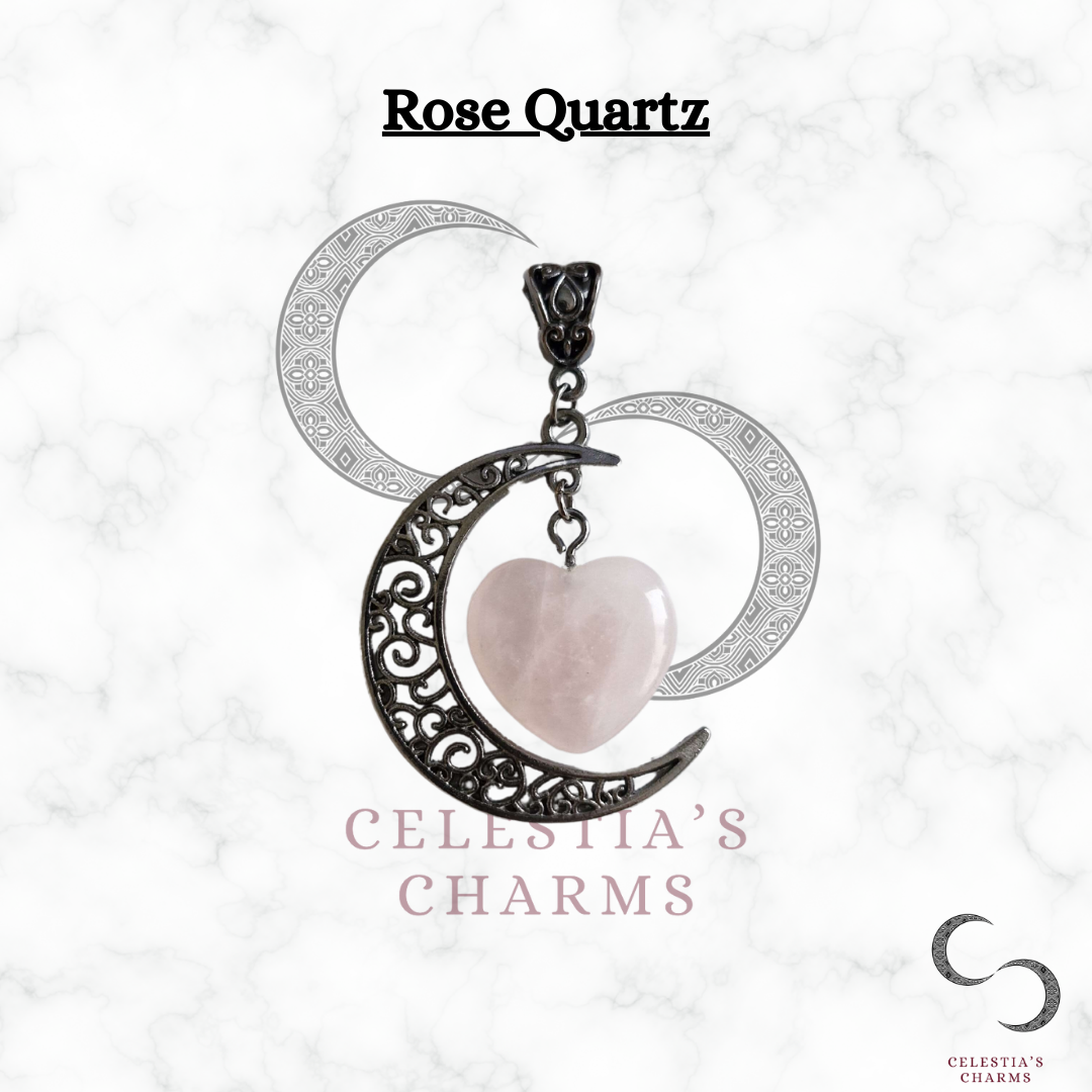 Rose Quartz Gunmetal Crescent Crystal Pendant | Celestia's Charms