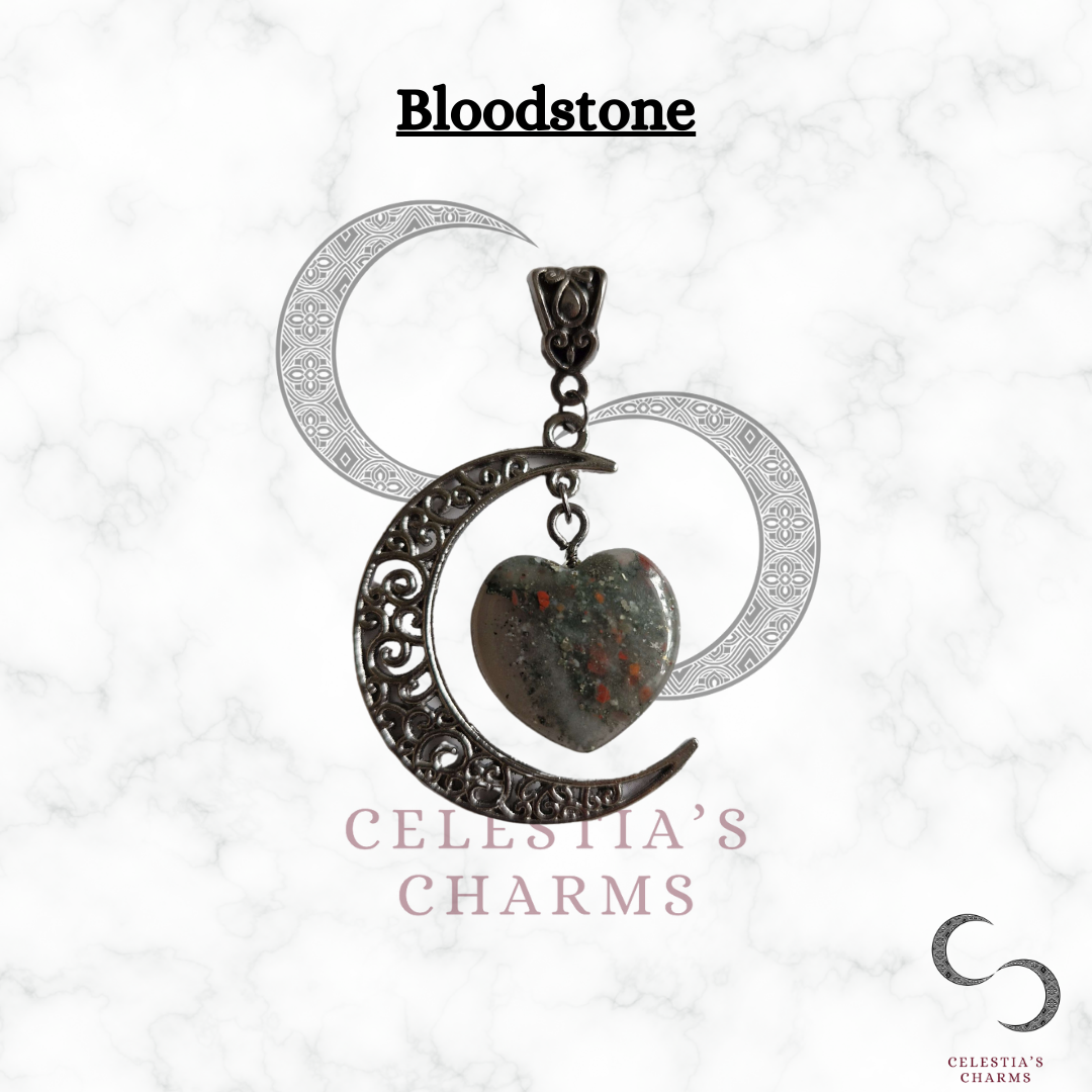 Bloodstone Gunmetal Crescent Crystal Pendant | Celestia's Charms