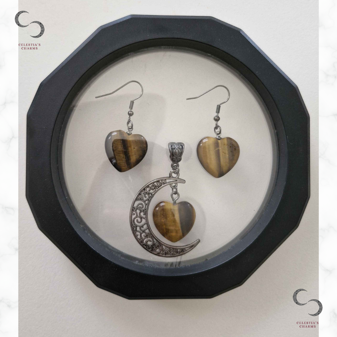 Crescent Heart Crystal Set in Tiger's Eye | Celestia's Charm