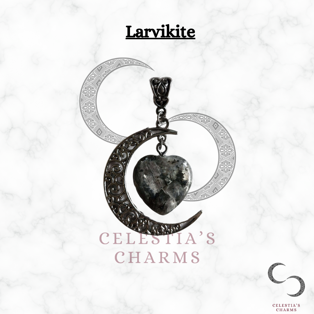 Larvikite Gunmetal Crescent Crystal Pendant | Celestia's Charms