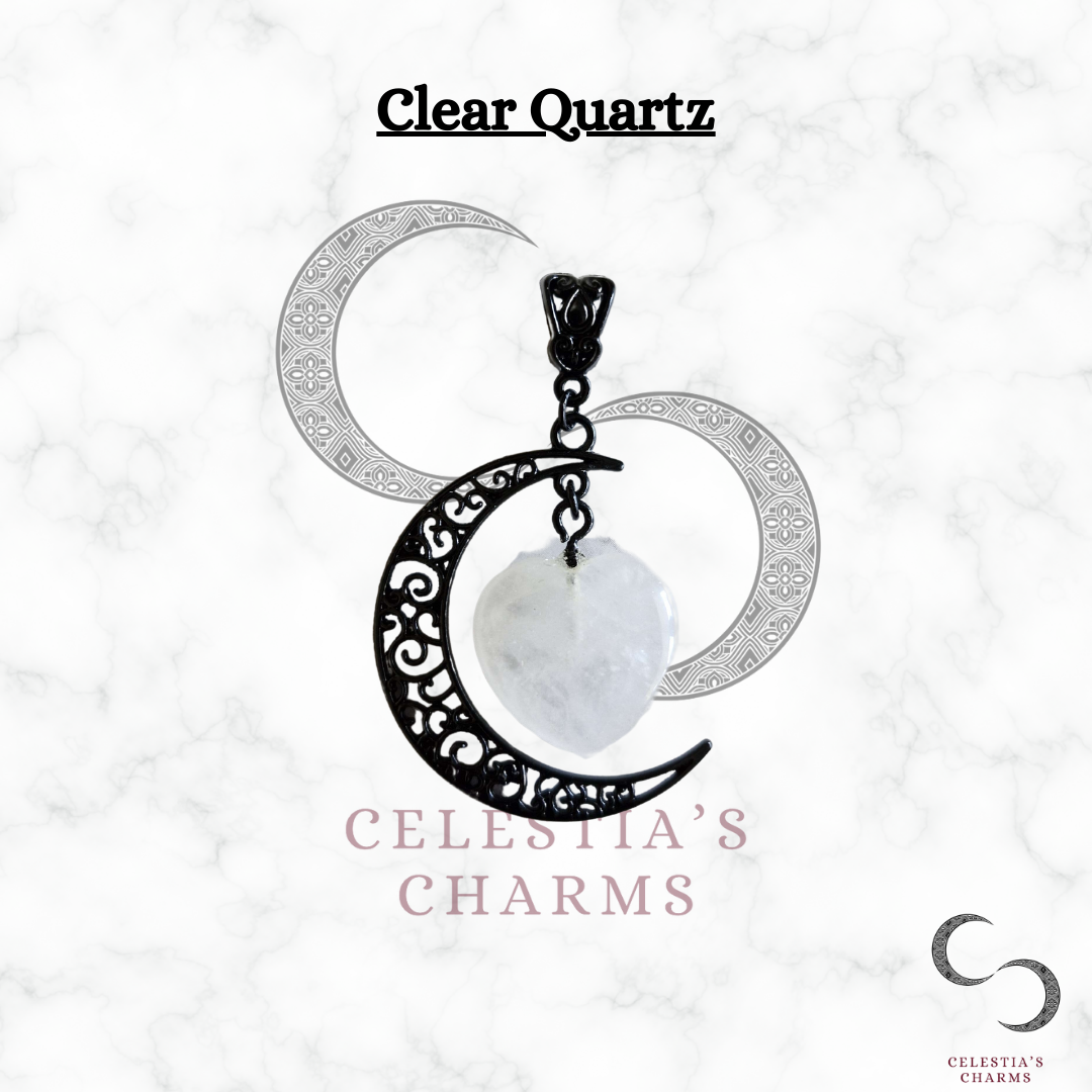 Clear Quartz Black Crescent Crystal Pendant | Celestia's Charms