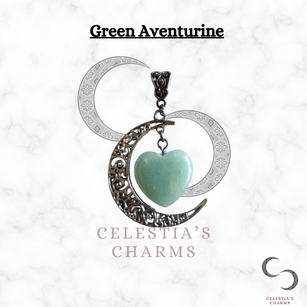 Green Aventurine Gunmetal Crescent Crystal Pendant | Celestia's Charms