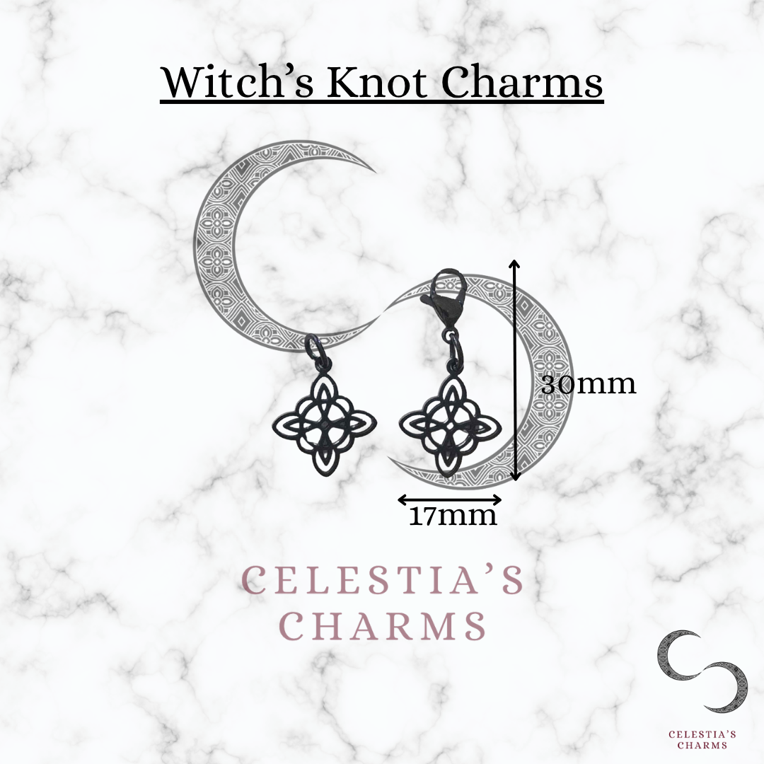 Black Stainless Steel Witch’s Knot Charms with Measurements | Celestia's Charms