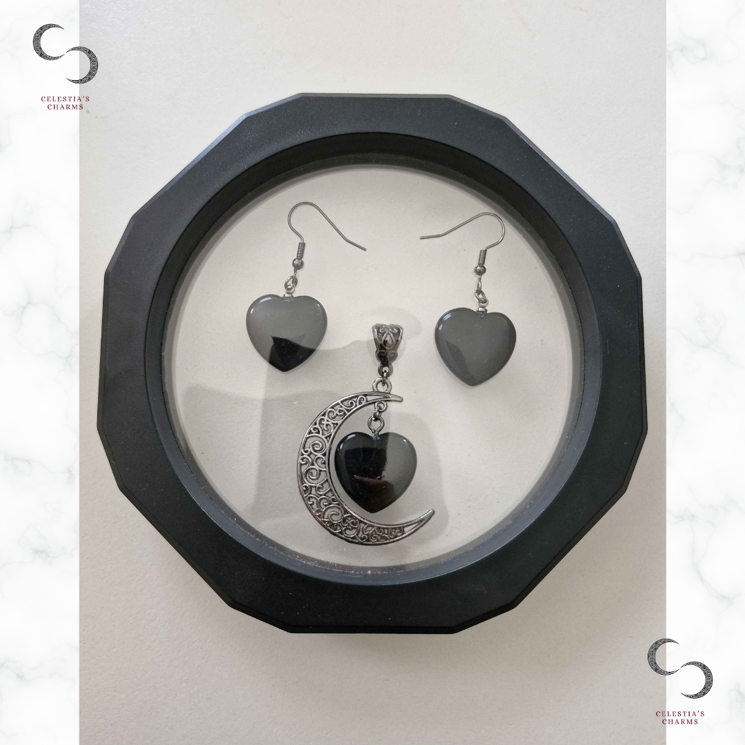 Crescent Heart Crystal Set in Obsidian | Celestia's Charm