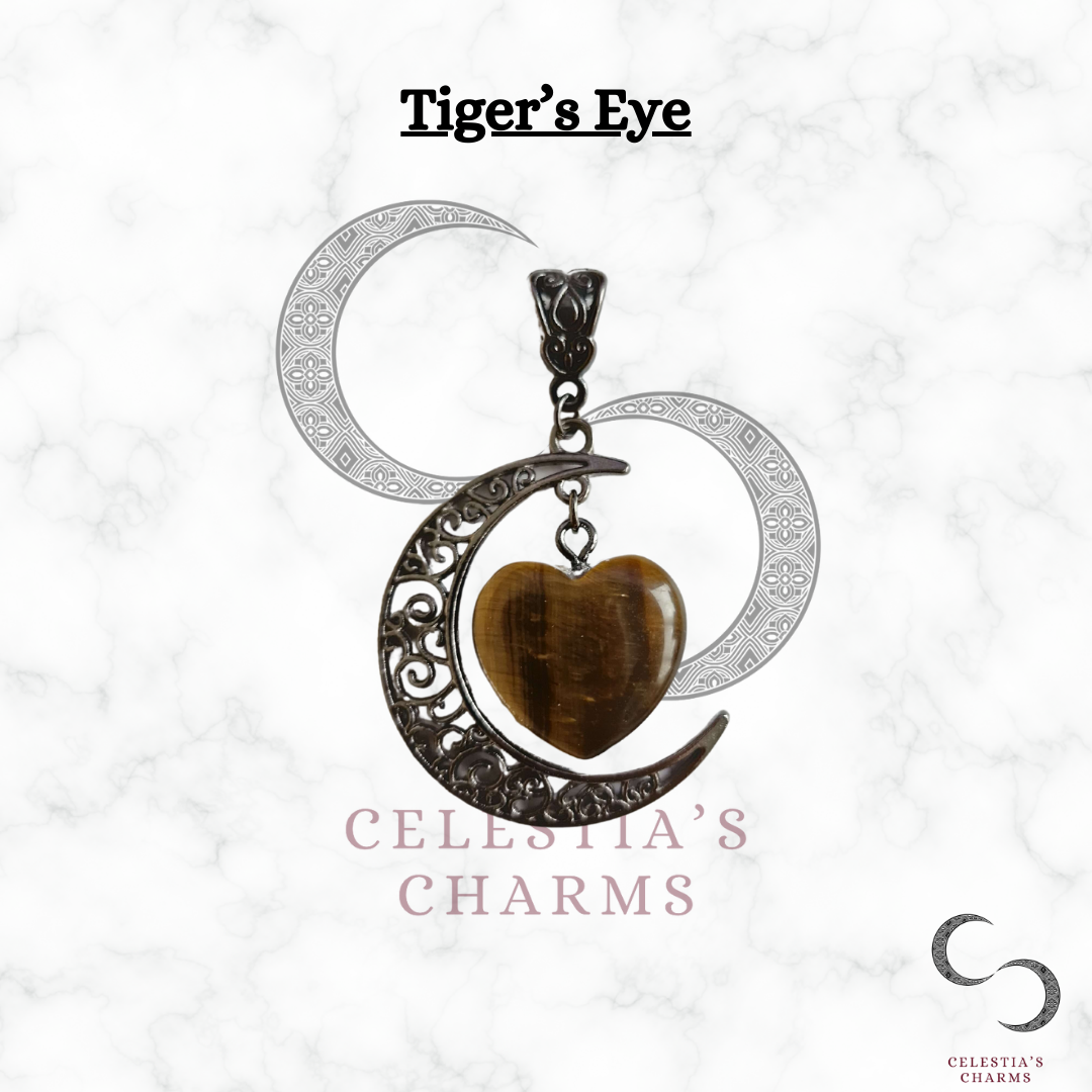 Tiger's Eye Gunmetal Crescent Crystal Pendant | Celestia's Charms