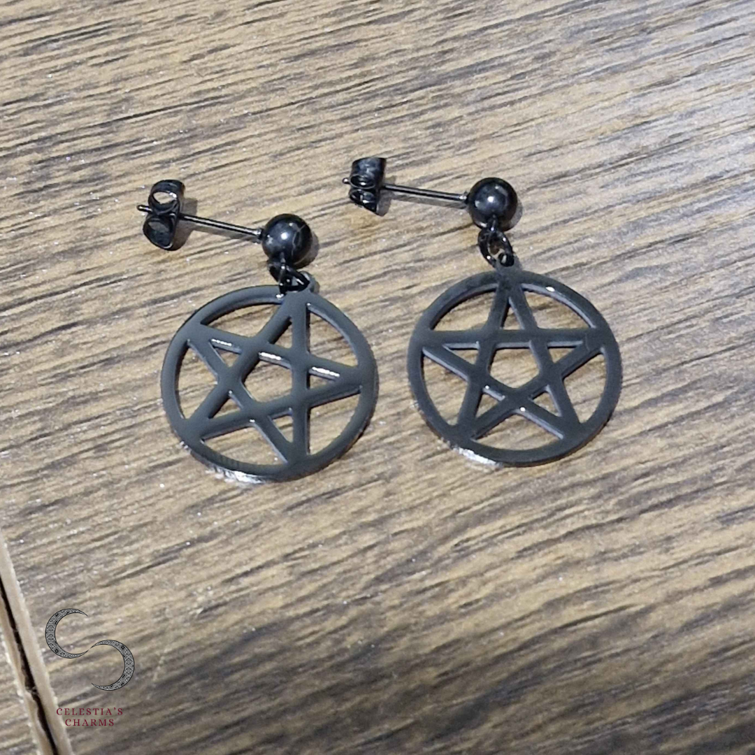 Black Stainless Steel Pentagram Earrings | Celestia's Charm
