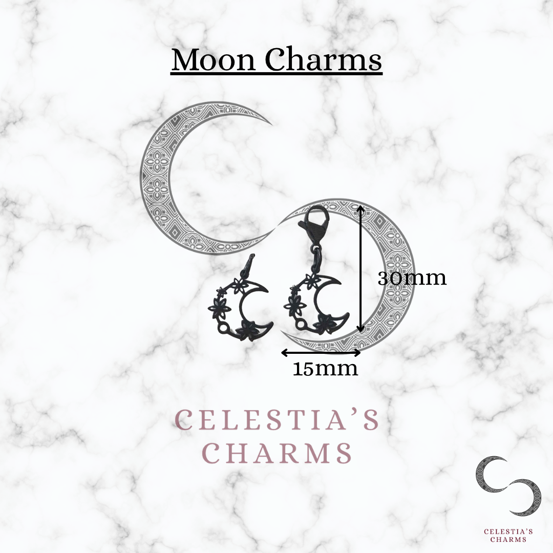 Black Stainless Steel Moon Charms with Measurements | Celestia's Charms