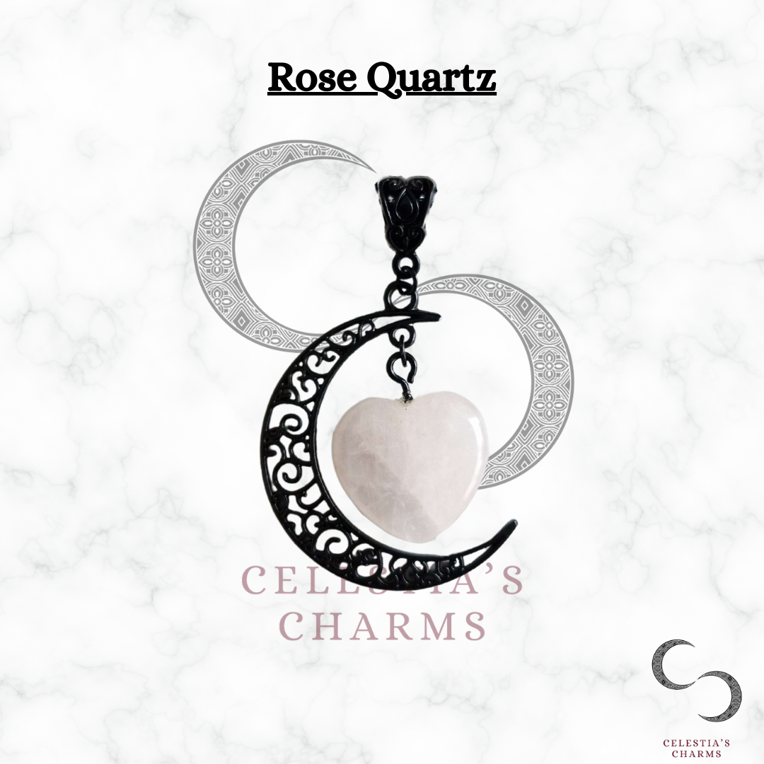 Rose Quartz Black Crescent Crystal Pendant | Celestia's Charms