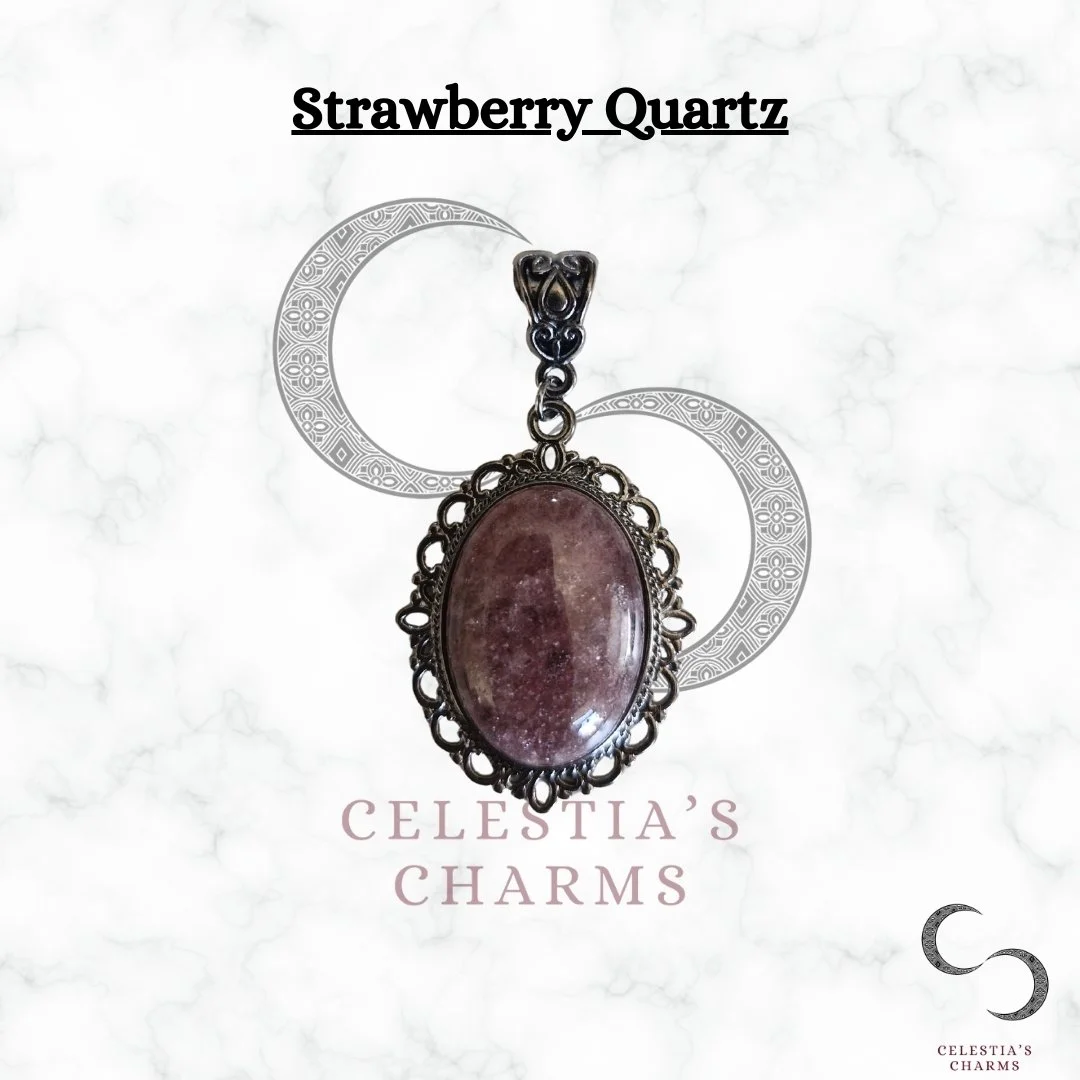 Moonlit Strawberry Quartz Gunmetal Antique Style Crystal Pendant | Celestia's Charms