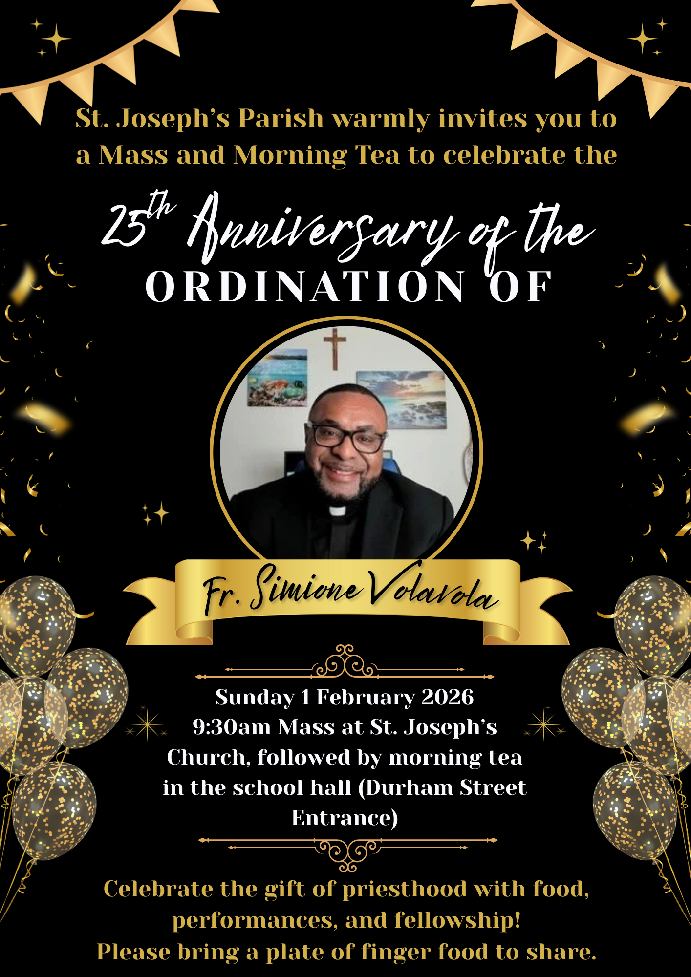 Invitation card with gold and black theme celebrating the 25th anniversary of ordination of Fr. Simone Volardola, featuring a photo of him, event details, and festive balloons and bunting.