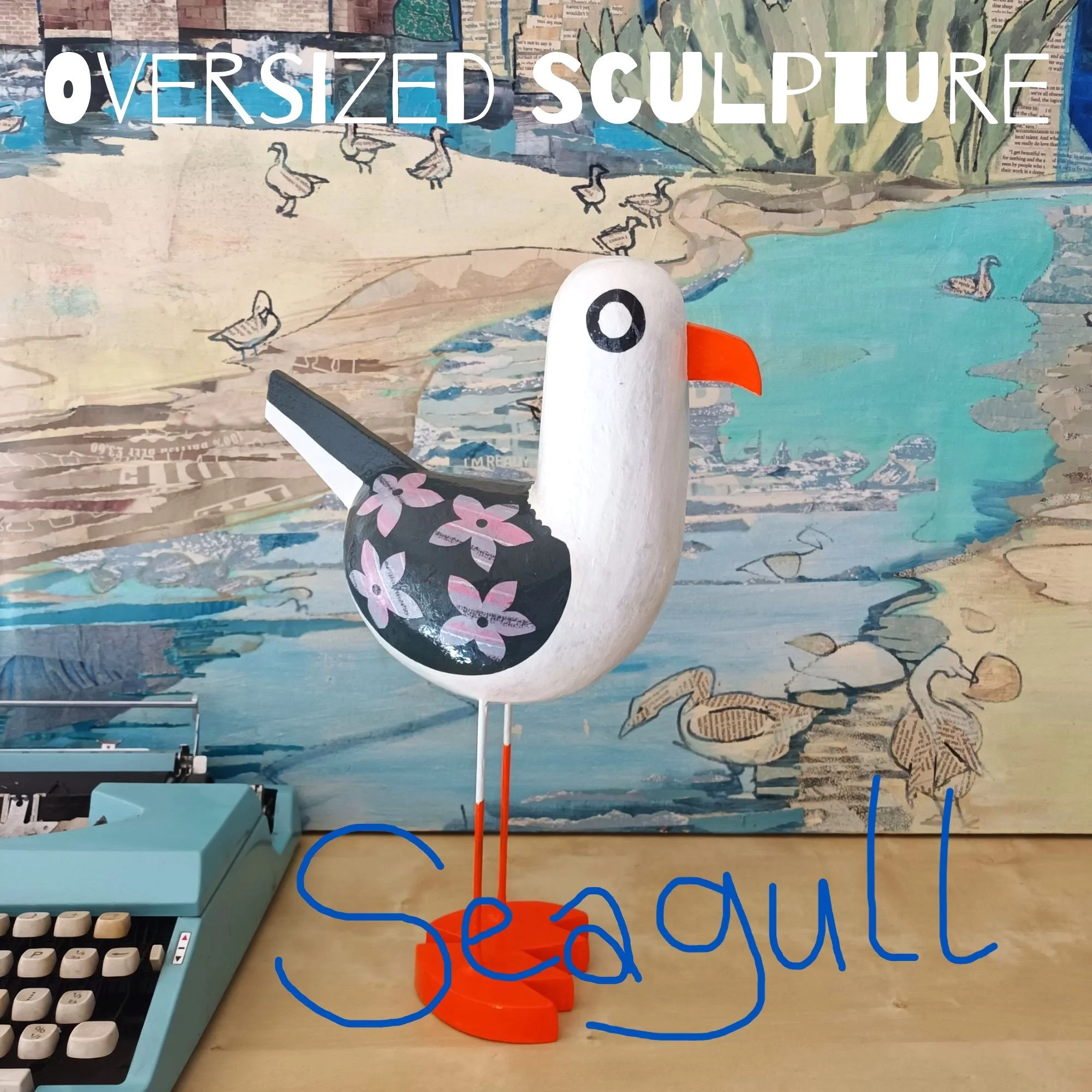 An oversized Posh Paper Mache mixed media seagull sculpture standing on shelves, photographed in the artists home.