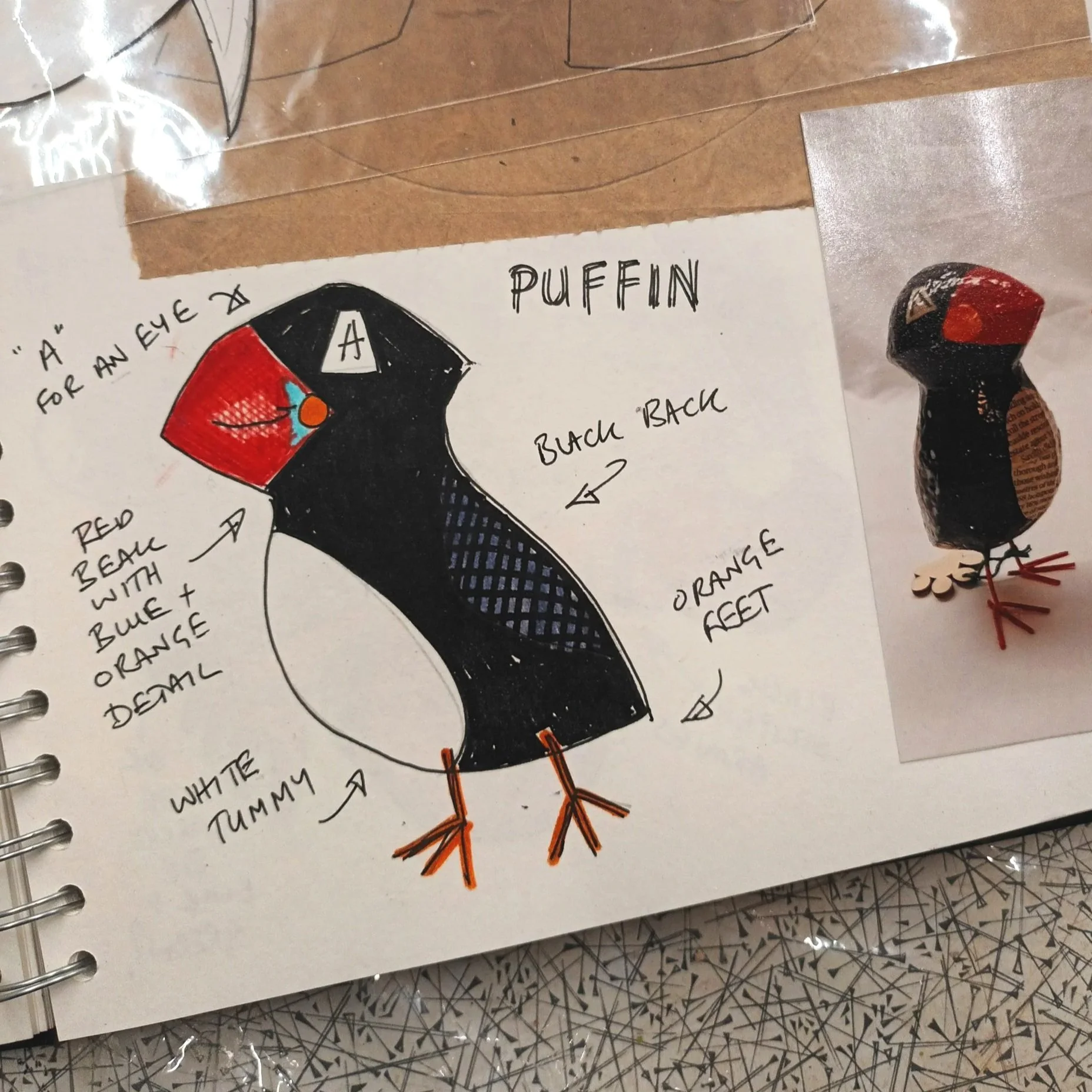 A hand-drawn representation of a puffin from my sketchbook, annotated with various features such as red, blue, and orange parts, black back, and white belly, with additional notes describing its appearance.